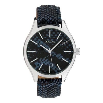 OOZOO Timepieces - Zilverkleurige horloge met donker blauwe leren band - C10434