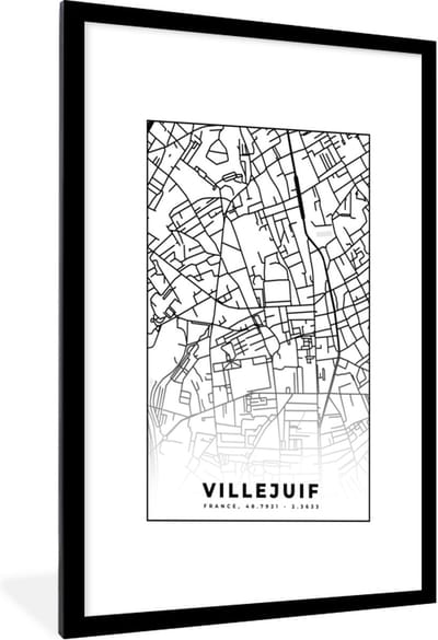 Fotolijst incl. Poster Zwart Wit- Stadskaart - Frankrijk - Villejuif - Kaart - Plattegrond - Zwart wit - 60x90 cm - Posterlijst