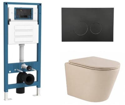 QeramiQ Dely Toiletset - inbouwreservoir Qeramiq Flush - slim zitting - metaal mat zwarte bedieningsplaat - ronde knoppen - beige