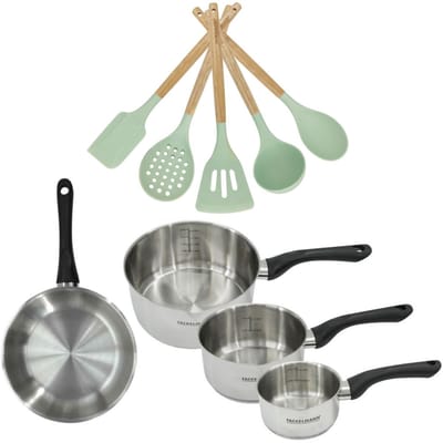 Set Koekenpan 24cm en 3 Kookpannen 12/16/20cm Fackelmann Genève met 5 keukengerei