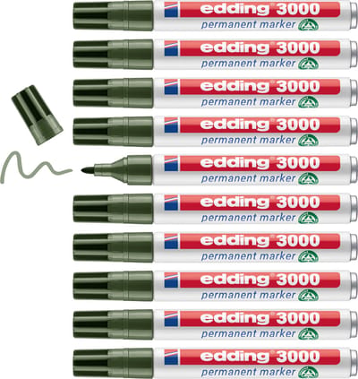 edding 3000 permanent marker - olijf-groen - 10 stiften - ronde punt 1,5-3 mm - sneldrogende permanent marker - water- en wrijfvast - voor karton, kunststof, hout, metaal - universele marker