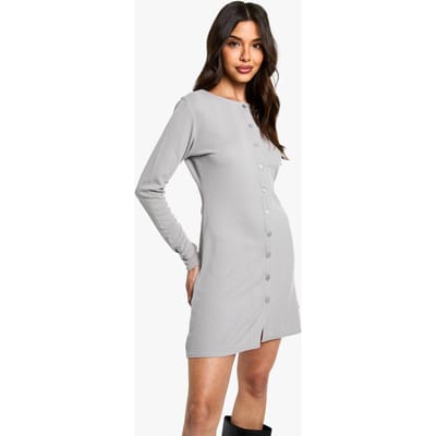 boohoo Dames Geribbelde Button-Down Smock Mini Jurk | Grey | Maat: 16
