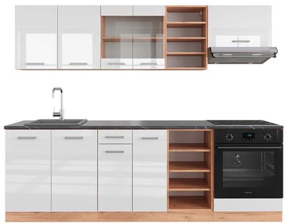 Vicco R-Line Complete keukeneenheid – 240 cm, WB Antraciet Wit hoogglans/goud power eiken