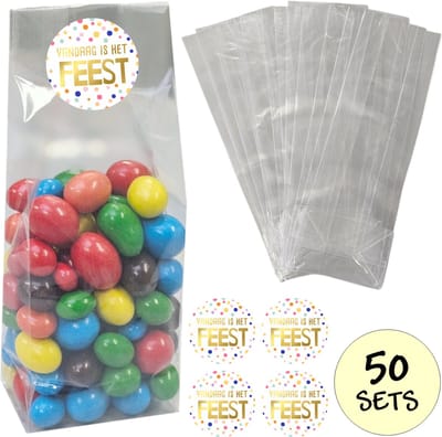 50x Uitdeelzakjes Met Sluitstickers - 50 Stickers & 50 Zakjes - Blokbodemzakjes - Cellofaanzakjes - Traktatie Zakjes - 50 Sets - Feest