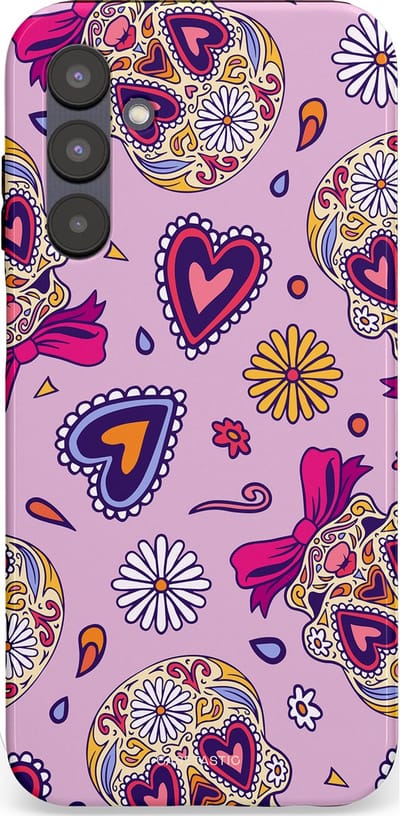 Casetastic hoesje geschikt voor Samsung Galaxy A25 - Dubbellaagse bescherming - Dia de los Muertos Doodshoofd Strik - Fashion Case - Lichtroze Lila Taupe Zilver