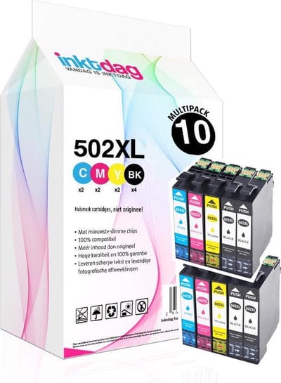 Inktdag inktcartridges voor Epson 502XL / 502 multipack van 10 kleuren (4*zwart, 2*C/M/Y) geschikt voor de volgende printers: Epson Expression Home XP-5100 Epson Expression Home XP-5105 Epson WorkForce WF-2860 DWF Epson WorkForce WF-2865 DWF
