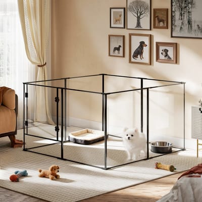 BingoPaw Transparente Acryl Hondenren met Deur - Sterk Aluminium Frame - Binnenren Puppyren voor Kleine Honden Katten Konijnen - 122x122x76.5cm - Zwart