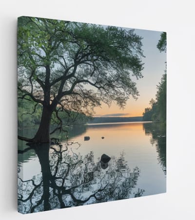 Saammp Canvas Schilderij - Boom in het water met zonsondergang - Landschap - Natuur - 20x20 - Foto op canvas - Wanddecoratie - Muurdecoratie Woonkamer - Slaapkamer decoratie - Canvas Print