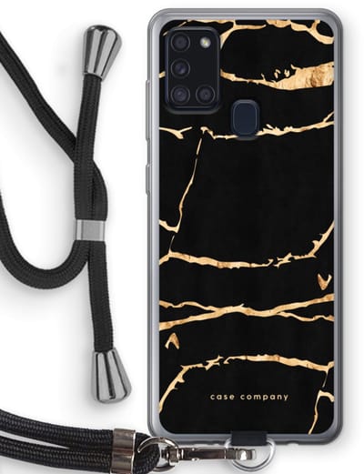 Case Company® - Hoesje met koord geschikt voor Samsung Galaxy A21s hoesje met Koord - Gouden marmer - Telefoonhoesje met Zwart Koord - Bescherming aan alle Kanten en Over de Schermrand