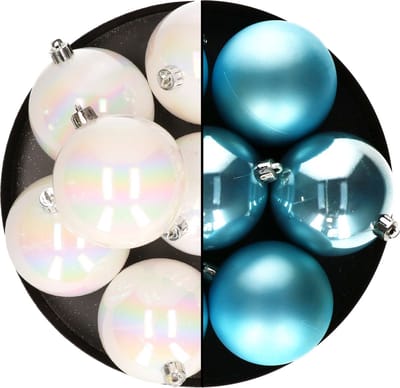 Decoris Kerstballen - 12x st - 8 cm - parelmoer wit en blauw - kunststof