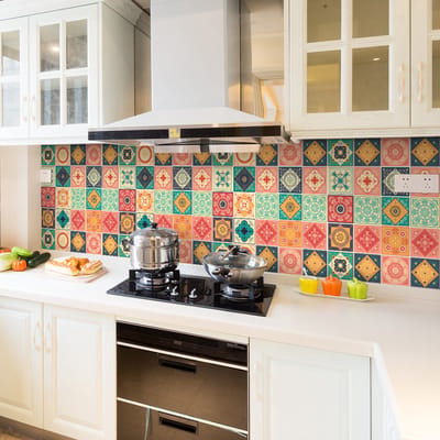 Tegelstickers voor de muur in keuken en badkamer - 24 cementtegelstickers, Azulejos Rominario - 24 stickers, 10x10cm