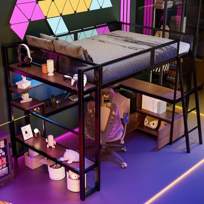 Gaming bed - 140x200 cm - Hoogslaper met Werkplek - Led en Veel Bergruimte - Metaal - Zwart