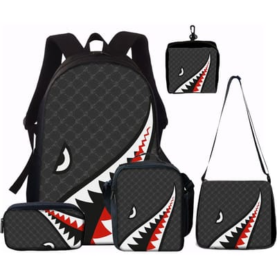 1/2/3/4/5 STuks Trendy Rugzak Set met Haai Grafisch Design | Perfect voor School & Dagelijkse Avonturen