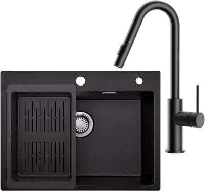 Sofetiy Max spoelbak Keuken 60x45cm Antraciet - Granieten spoelbak Met V-Uitloop Keukenkraan en Zeepdispenser 300ml - Spoelbakken met afdruip - Enkele spoelbak Met Afdruiprek - Antraciet