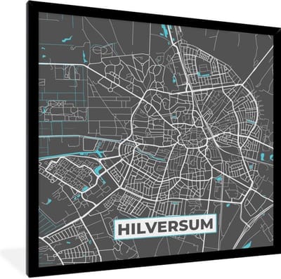 Fotolijst incl. Poster - Plattegrond - Hilversum - Grijs - Blauw - 40x40 cm - Posterlijst - Stadskaart