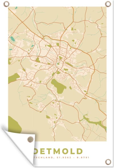 Muurdecoratie Kaart - Stadskaart - Vintage - Detmold - Plattegrond - 120x180 cm - Tuinposter - Tuindoek