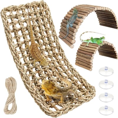 Bearded Dragon Habitat Accessoires, 3-pack Natuurlijke Seagrass Hammock en Buigbare Houten Brug voor Klimmen, Ideaal voor Hagedissen, Kreeften en Slangen