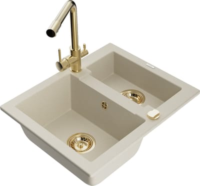 Mexen Carlos granieten gootsteen 1,5-komoren met Duero keukenkraan, beige - 6518-69-671600-50