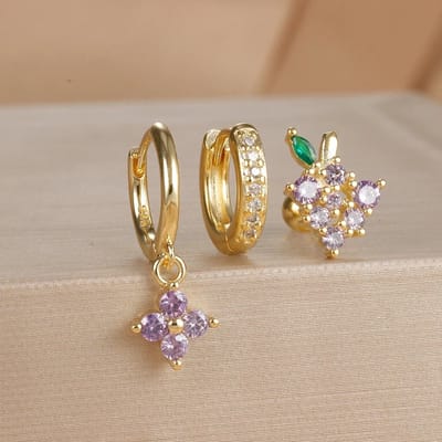 Paarse Druif Oorbellen Set met Zirkonia Stenen- 925 Sterling Zilver - 18K Verguld Dames Oorbellen - Dames Sieraden