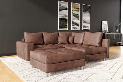 hoekbank kent L - vintage bruin- met poef (hocker)- hoeksalon kent mini- zetelsenbedden