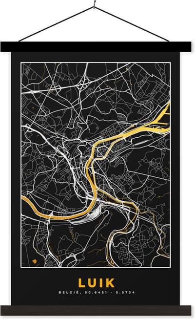 Posterhanger incl. Poster 40x60 cm - Schoolplaat - Kaart - Goud - Luik - Plattegrond - Stadskaart - Textielposter - Zwarte latten - Stadskaart