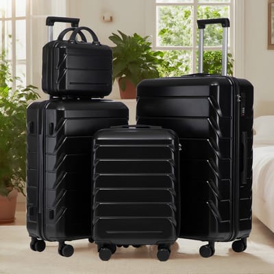 OKWISH Kofferset Veelzijdig – 14 19 24 28 Inch – ABS – Zwart – Reissysteem Met Cijferslot En Kosmetikkoffer – Dubbele Wielen