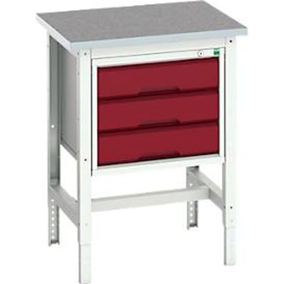 Bott verso werkbank, linoleumblad, met set dwarsverbindingen, 3 laden, B 700 x D 600 x H 780 - 930 mm, lichtgrijs / paarsrood
