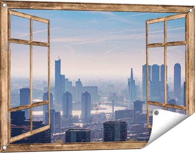 Gards Tuinposter Doorkijk Rotterdamse Skyline - 90x60 cm - Tuindoek - Tuindecoratie - Wanddecoratie buiten - Tuinschilderij