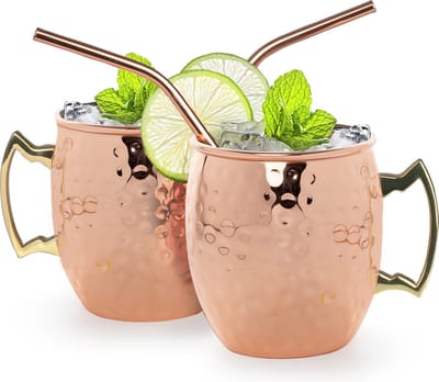 KitchenBrothers Moscow Mule Bekers - Cocktailglazen met Rietjes - 2 Stuks - Koperen Beker - Verkoperd - 500ML