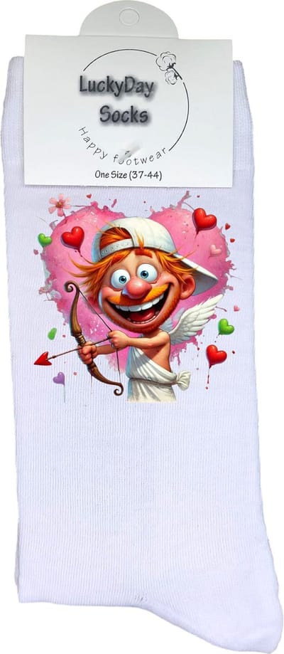 Cupido - Valentijn sokken - Grappige sokken - Leuke sokken - Hem Haar sokken - Vrolijke sokken - Lieve sokken - Valentijn Cadeau - Vaderdag - Moederdag - Verjaardag cadeau - Kerst cadeau - Leuk Cadeau - Verliefd - Sokken maken Happy - Maat 37-44