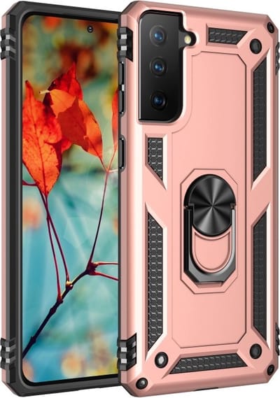 Hoesje Geschikt voor Samsung Galaxy S21 Plus Stevige Magnetische Anti shock ring back cover case- schokbestendig-TPU met stand kleur Rosé goud