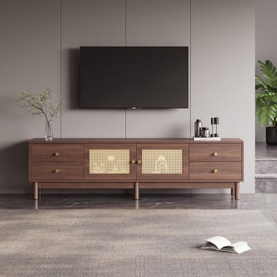 TV Meubel - 180 cm Breed - Rattan Deuren - Voor 80 Inch TV - 4 Lades en Hydraulische Scharnieren - Donker Hout