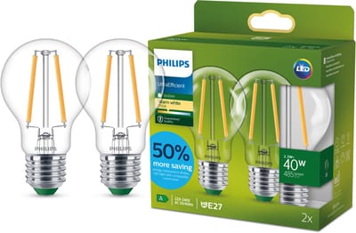 Energiezuinige Philips LED lamp Transparant - 40 W - E27 - Warmwit licht - 2-pack - Bespaar op energiekosten
