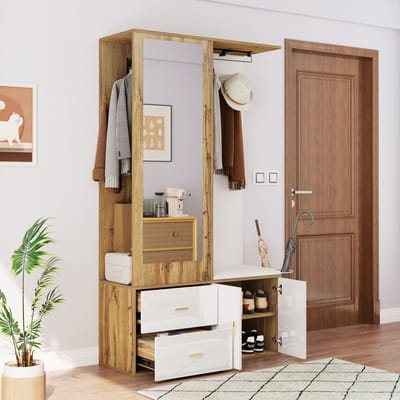 HAUSS SPOLE Garderobekast – Garderobeset Met Spiegel En Schoenbank – Open Haken En Uittrekbare Kledingstang – Hoogglans Wit En Houtlook – 100x38x180 Cm