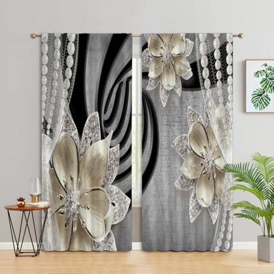 2 stuks Gouden Pauw Gordijn Studeerkamer Keuken Woonkamer Slaapzaal Stang Zak Top Raam Gordijnen Slaapkamer Accessoires Woondecoratie W60H60(CM)x2PCS&Grommet Top black
