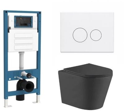 QeramiQ Dely Toiletset - inbouwreservoir Qeramiq Flush - slim zitting - metaal mat witte bedieningsplaat - ronde knoppen - mat zwart