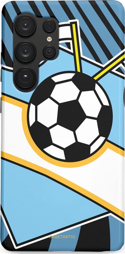 Casetastic hoesje geschikt voor Samsung Galaxy S25 Ultra - Dubbellaagse bescherming - Kampioensbal - Fashion Case - Lichtblauw Zwart Wit