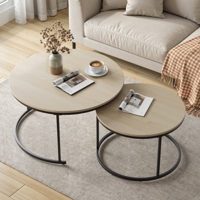 Salontafelset 2-delig - Rond Nestbaar Ontwerp 80 cm - Eikenfineer met Metalen Frame - Eikenkleur