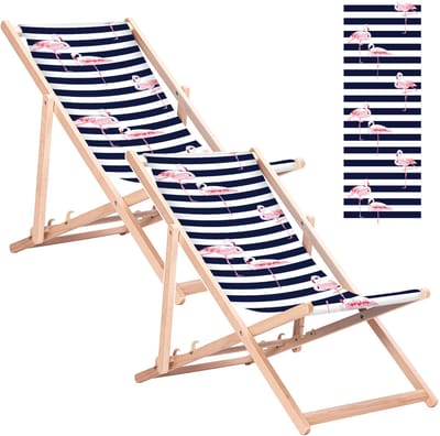GreenBlue GB183 - 2 stuks - Strandstoel - Klassieke beukenhouten ligstoel met flamingo-print - tot 110 kg