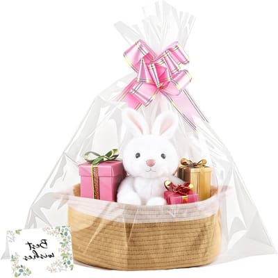 Lege cadeaumand met cadeauzakjes en linten, kaki kerstmand voor verjaardag, bruiloft en babyshower