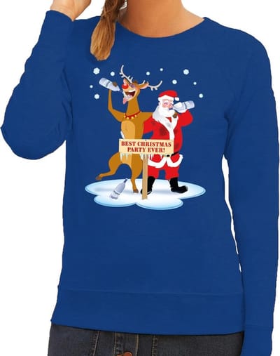 Bellatio Decorations Foute kersttrui - sweater - dronken kerstman en rendier Rudolf - na kerstborrel - blauw - voor dames - Kersttruien XS