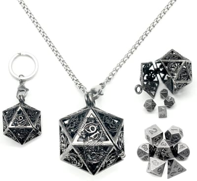 Mini Metalen D&D Dobbelstenen Set 7-Delig met Draagbare Ketting & Houder