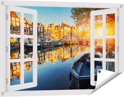 Gards Tuinposter Doorkijk Amsterdamse Gracht bij Zonsondergang - 90x60 cm - Tuindoek - Tuindecoratie - Wanddecoratie buiten - Tuinschilderij