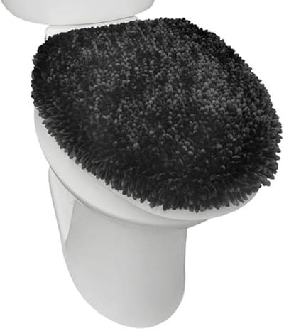 Luxe Pluche Chenille Shag Toilet Deksel Cover - Wasbaar en Ultra Zacht - 47 cm x 49,8 cm - Zwart