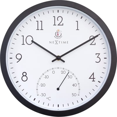 NeXtime Marigold – Buitenklok – 30.5 cm – Metaal – Zwart/Wit – Weerbestendig – Met thermometer