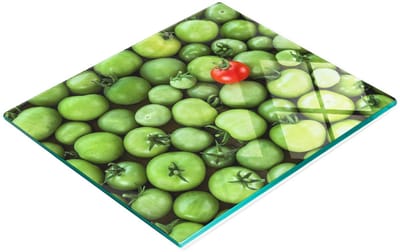 Decoratieve glazen snijplank voor in de keuken, met de afbeelding van een rijpe tomaat, 60x52 cm
