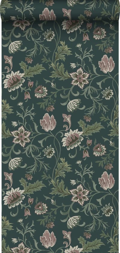 ESTAhome behang vintage bloemen antraciet grijs en groen - 53 cm x 10.05 m - 139415