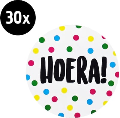 30x Sticker Hoera! - Gekleurde Stippen - Sluitsticker - Sluitzegel - Feeststicker Presentje - Enveloppe - Cadeau - Gift - Cadeauzakje - Traktatie - Leuk inpakken - Sticker - 40mm - 30 Stuks