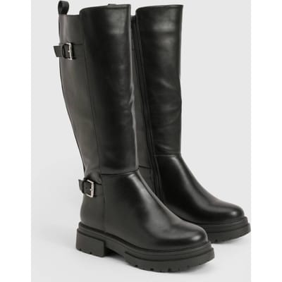 boohoo Dames Brede pasvorm dubbele gesp kniehoge bikerlaarzen | Black | Maat: 3