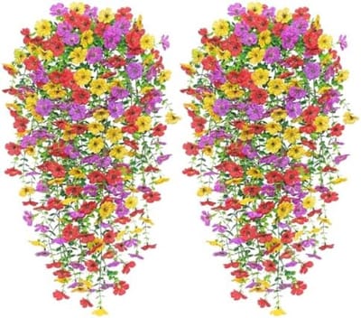 PromoHome Kunstmatige Hangende Bloemen Set van 4 Stuks - UV Bestendige Nephangplanten voor Buiten en Binnen - Paarse, Gele en Rode Kunstbloemen voor Tuin, Terras, Balkon en Bruiloftdecoratie